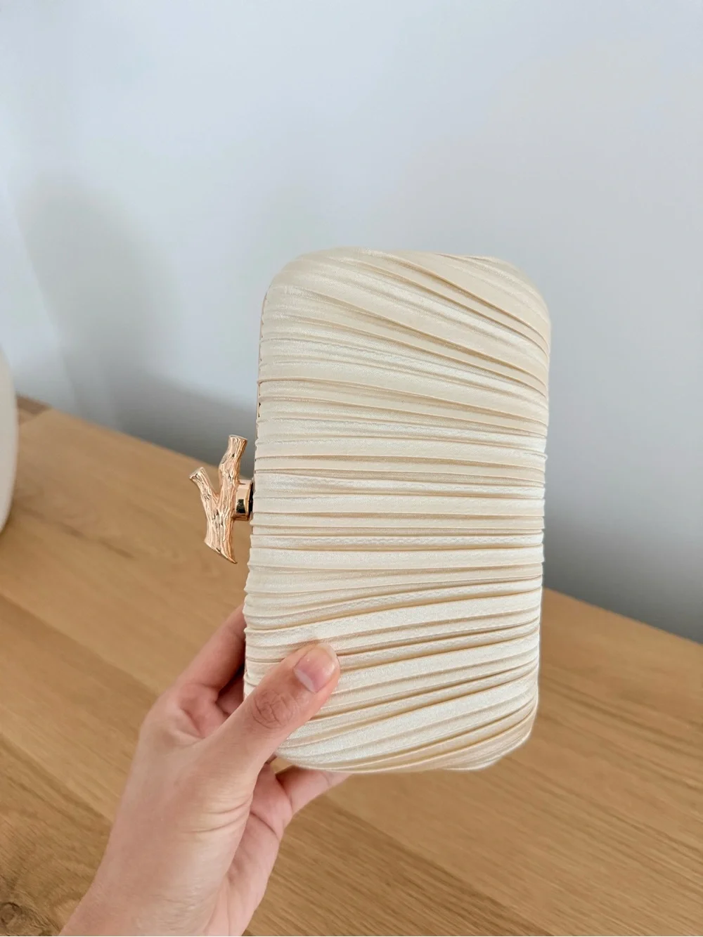 Elegant Cream Satin Pleated Clutch with Gold Accent New